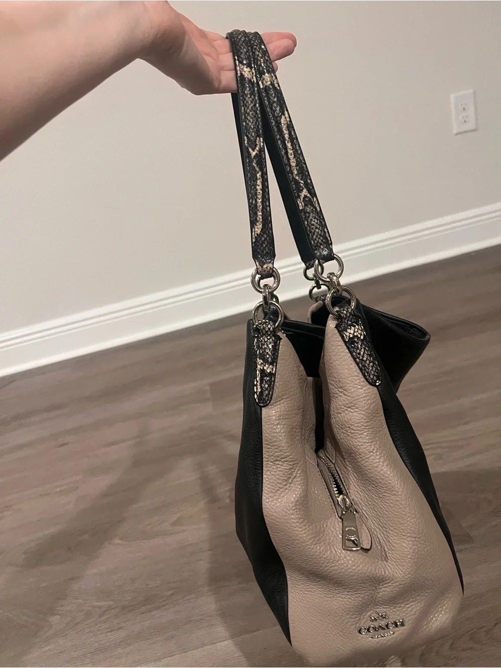 Coach Phoebe Colorblock Leather Shoulder Bag Python Trim F38251 Black Taupe